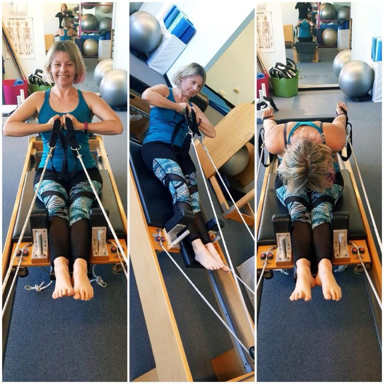 Linda Turner demonstrating exercises on a Pilates reformer